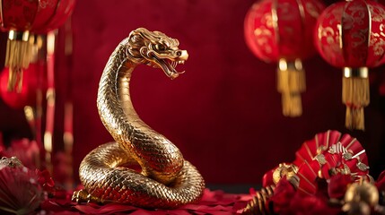 Obraz premium A gold snake is on a red background with red lanterns