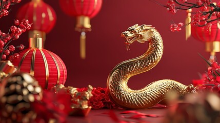 Obraz premium A gold snake is on a red background with red lanterns and other decorations