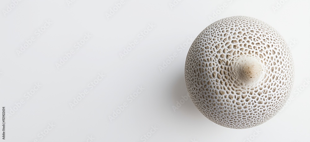 Poster textured spherical object, intricate surface pattern, light background, minimalistic design, copy sp