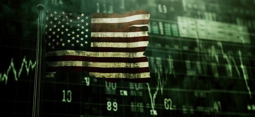 American flag overlaying stock market data, symbolizing finance and patriotism. Grunge texture adds depth to the image, reflecting economic themes., copy space for text
