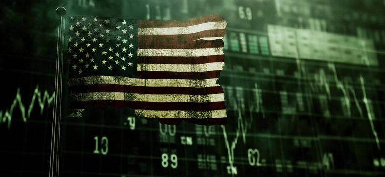 American flag overlaying stock market data, symbolizing finance and patriotism. Grunge texture adds depth to the image, reflecting economic themes., copy space for text