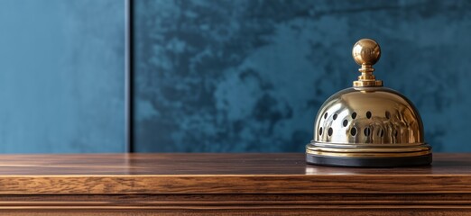 Brass hotel reception bell on wooden counter, elegant design, vintage style, polished finish, blue textured background, copy space for text