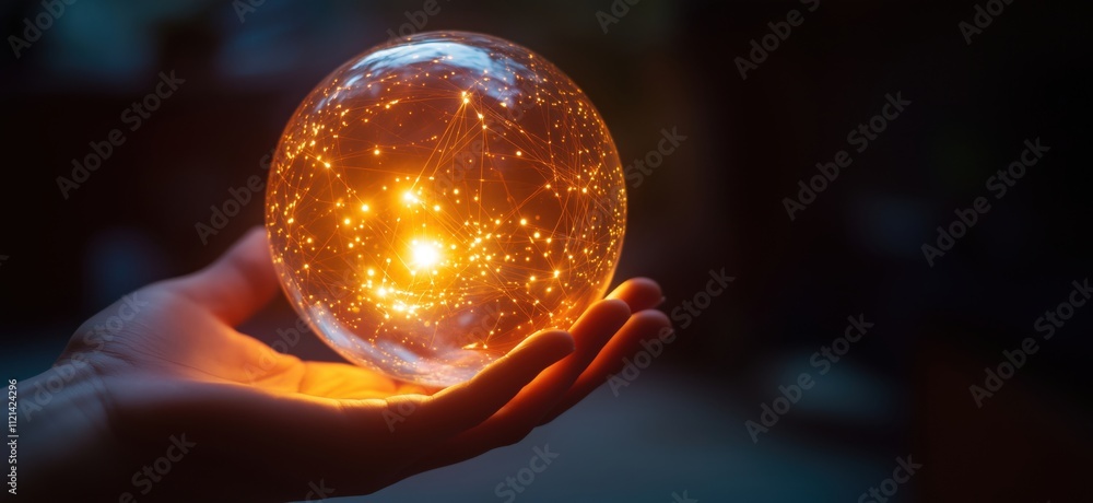 Poster glowing orb of interconnected stars and networks, held in hand. ethereal light, intricate patterns, 