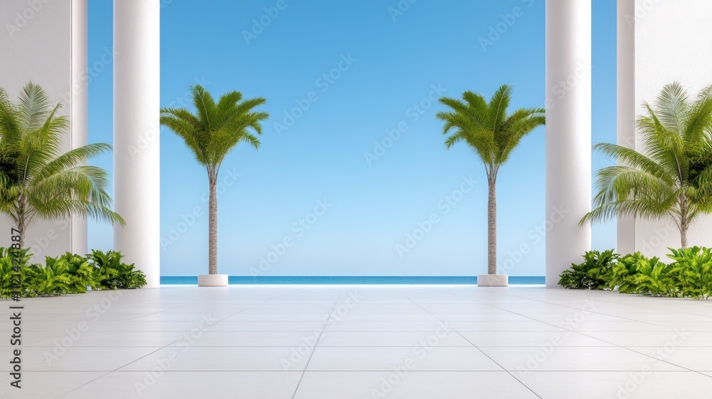 Poster serene coastal view with palm trees and clear sky.