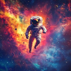Obraz premium Space: A lone astronaut floating in space near a colorful nebula.