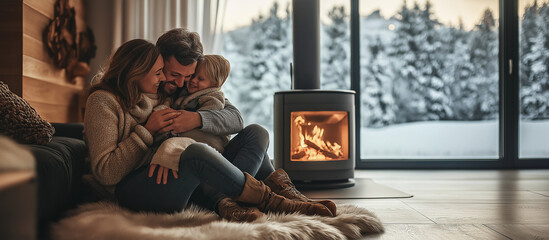 Familiy hug in warm living room with stove