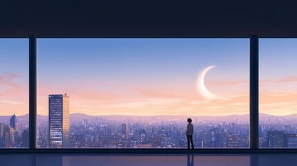 A solitary young man gazes at a stunning twilight skyline with a crescent moon.