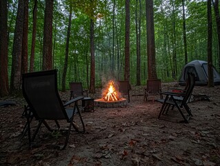 Cozy Campfire Scene Surrounded by Trees and Camping Equipment