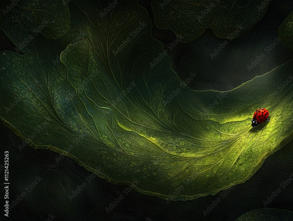 Poster ladybug on leaf in soft natural light with textured background