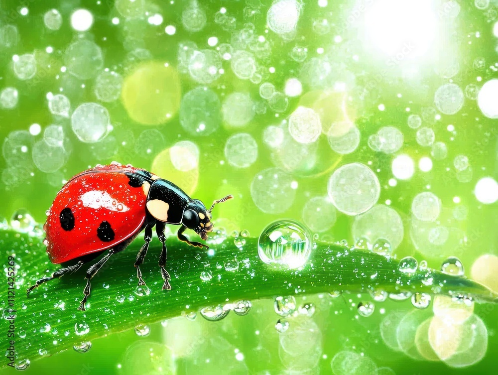 Poster close-up of ladybug on leaf with dew drops and soft green background