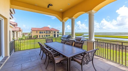 Fototapeta premium Elegant Outdoor Dining Space Overlooking Scenic Marshland with Inviting Ambiance and Ideal for Gatherings and Relaxation in Bright Sunshine