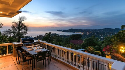 Fototapeta premium Scenic Outdoor Dining Area Overlooking the Ocean at Sunset, Featuring a BBQ Grill, Modern Furniture, and Lush Tropical Surroundings in a Serene Landscape
