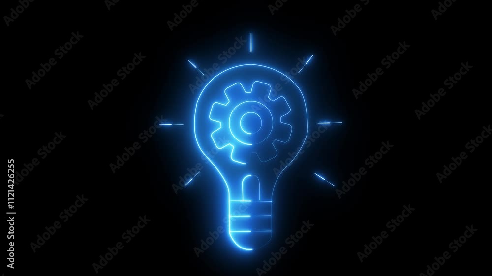 Poster cyan color neon line setting icon with gear shining light bulb icon the innovation and idea concept.
