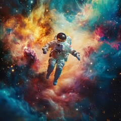 Fototapeta premium Space: A lone astronaut floating in space near a colorful nebula