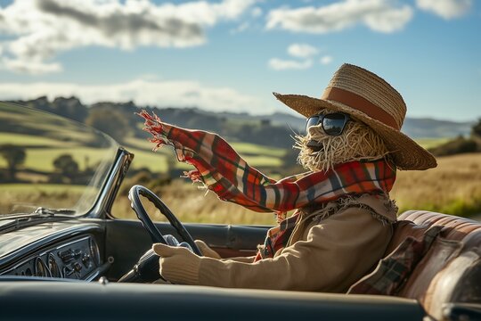 Fototapeta A whimsical scarecrow dressed in a straw hat and sunglasses, enjoying a scenic drive in a vintage convertible.
