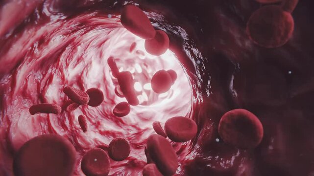 Movement of red bloodstream cells within human blood vessels, Red Blood cells flow through veins, Human body system, motion graphic shows an animation of a blood vessel with antibodies and red blood.