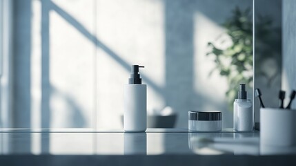 Modern Bathroom Vanity Scene Featuring Minimalist Skincare Products with Natural Lighting and Sleek Design Elements for a Serene Atmosphere
