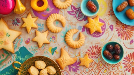 assortment of vibrant cookies and dates arranged on a decorative background
