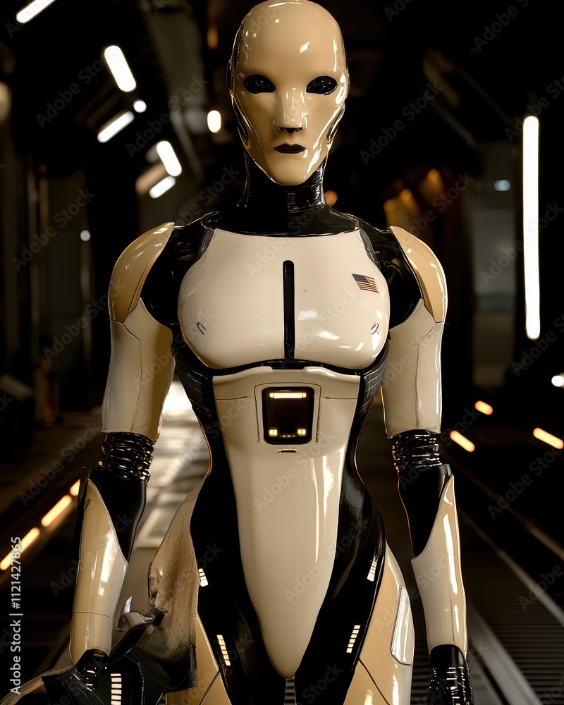 Poster futuristic humanoid robot in a high-tech environment ready for action