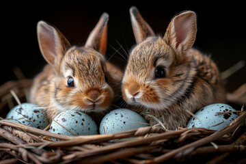 two little cute rabbits in a wicker basket with easter eggs on a dark background