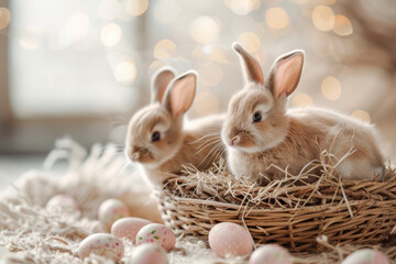 two cute little fluffy Easter bunnies in a wicker basket on a light background with Easter eggs, a photo in pastel colors