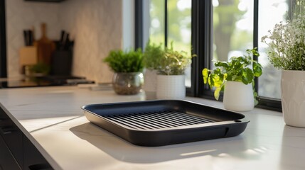 Stylish Kitchen Countertop with Grilling Tray and Fresh Herbs in Bright Natural Light, Perfect for Cooking and Culinary Inspiration in a Modern Home Setting