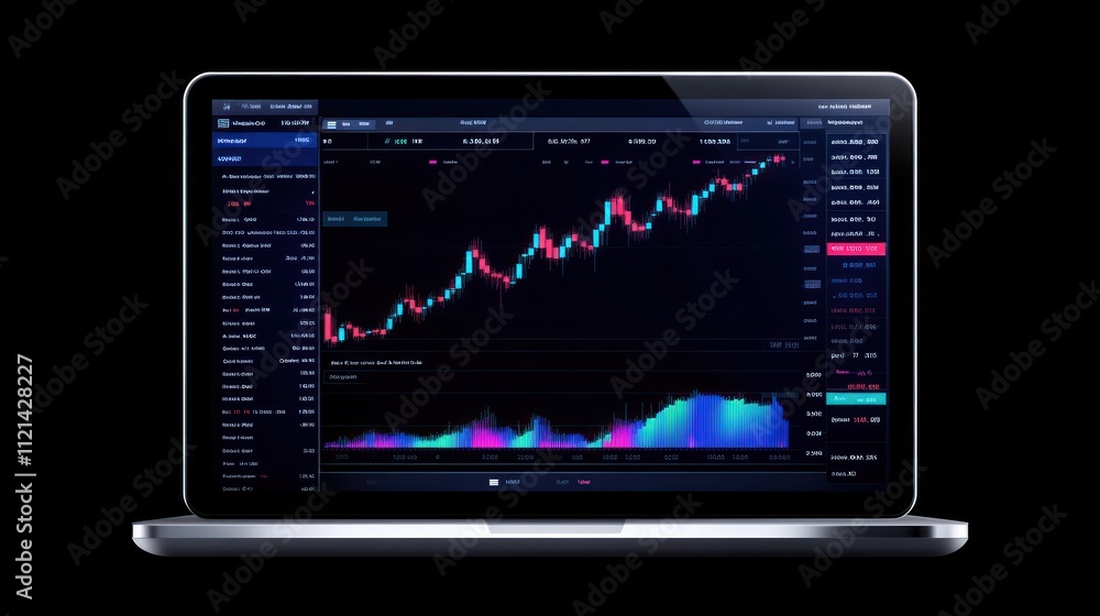 Poster a laptop displaying a cryptocurrency trading interface with graphs.
