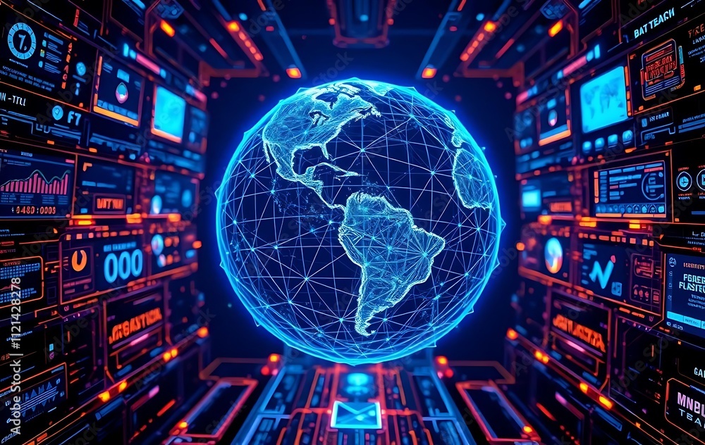 Aufkleber abstract digital globe with global network connections and images of media content floating around i