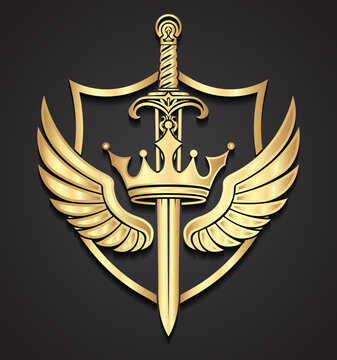 3d gold heraldry symbol with winged crown and sword logo