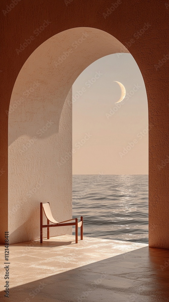 Poster in a peaceful minimalist setting, an arched architectural feature frames a tranquil sea at dusk, wit