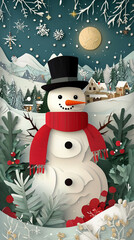 Obraz premium Illustration de Noël en paper art avec un bonhomme de neige festif