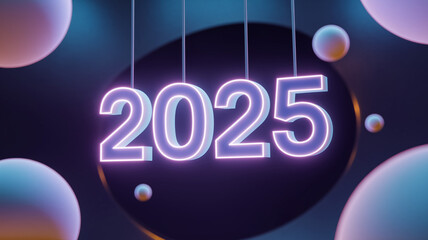 2025 text 
A 3D render of the text "2025" with a futuristic, neon-lit style. The text is suspended in the air and is surrounded by floating, glowing orbs.