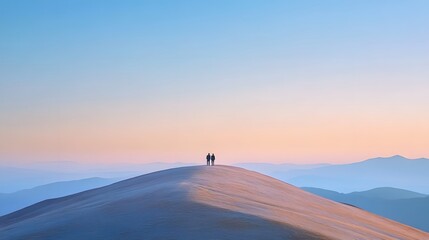 Couple standing on a hill at sunset, silhouetted against a serene pastel sky.