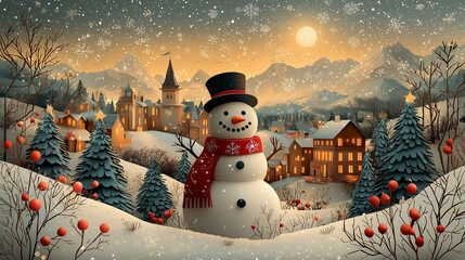 Obraz premium Illustration de Noël en paper art avec un bonhomme de neige festif