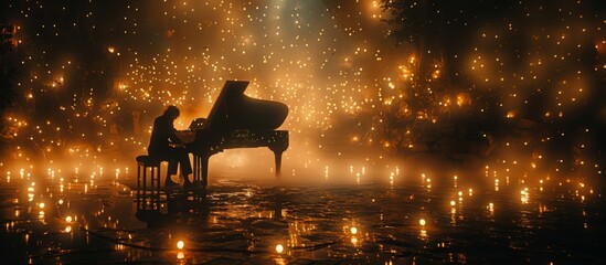 A person plays a grand piano among glowing lights in a misty, enchanting setting. Concept of serenity and creativity. For music event promotion
