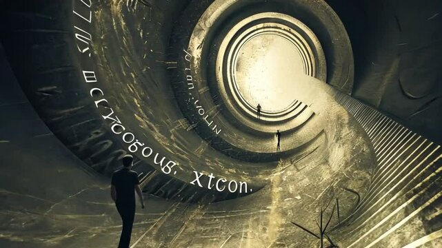 A group of people walks toward a glowing spiral, seeking purpose and deeper understanding.