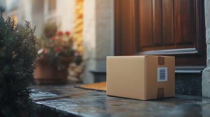 A brown cardboard box sits on the doorstep of a home.
