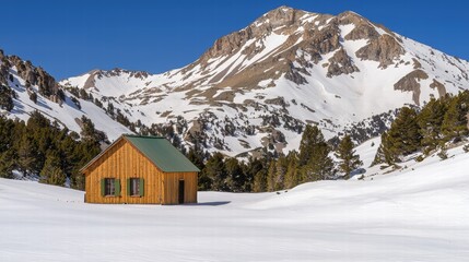 Fototapeta premium Snow-Covered Mountain Landscape with Wooden Cabin in Winter