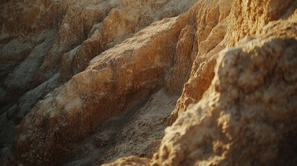 Golden sunlight casts dramatic shadows on rugged rock formations, emphasizing the rustic textures and organic beauty of the cliffs.