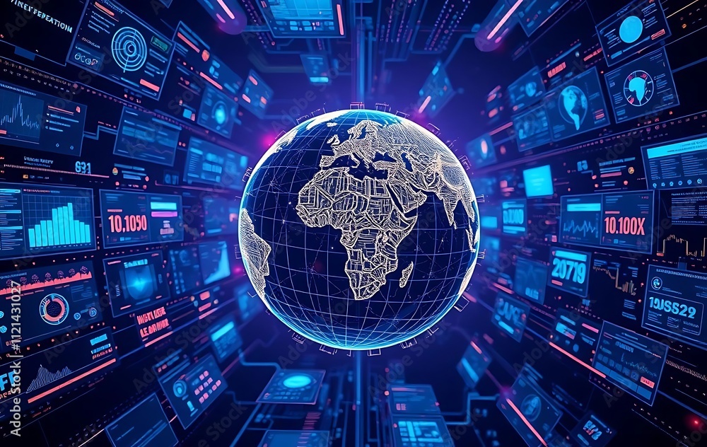 Poster abstract digital globe with global network connections and images of media content floating around i