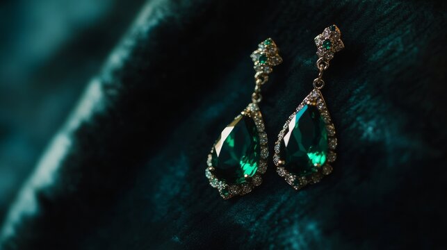 Luxurious emerald earrings sparkle amidst dark velvet, capturing opulence with their brilliant green gems and delicate setting.