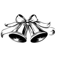 Pair of decorative bells tied with a ribbon, black and white illustration with elegant and festive design.