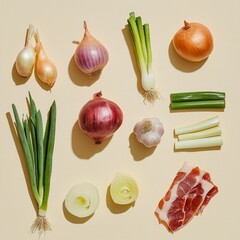 Assorted onions and garlic with leeks and cured meat on beige background