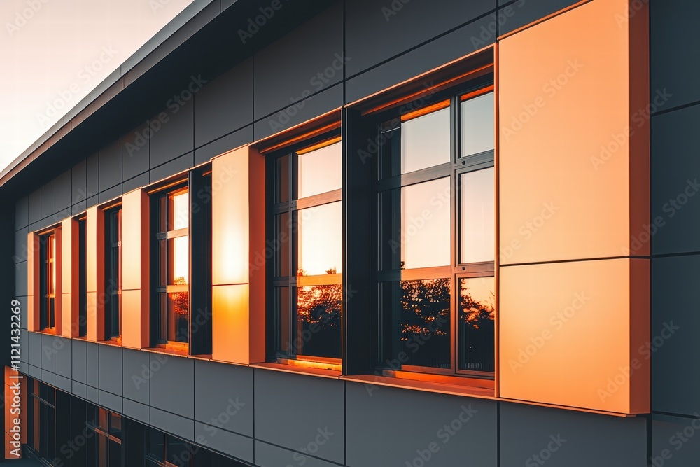 Poster reflections of sunset on modern architecture windows in urban setting