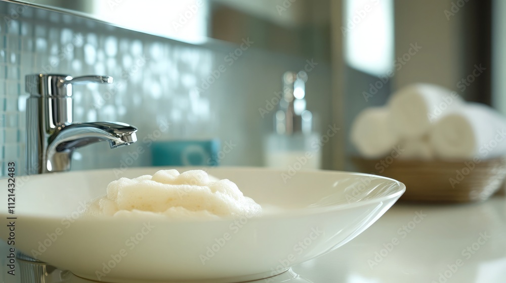 Poster clean and modern bathroom sink with soft foam lather in a trendy setting featuring stylish accessori