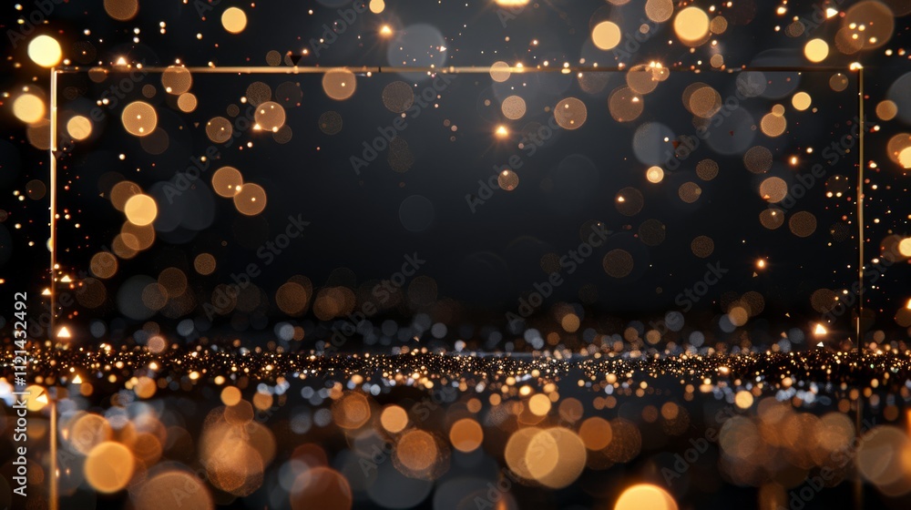 Poster golden bokeh lights scattered on dark background, creating a shimmering effect. concept of festive e