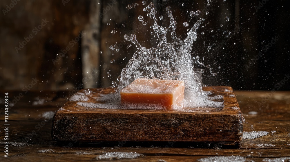 Poster splashing water with soap bar on rustic wooden surface in dramatic lighting creating a captivating s