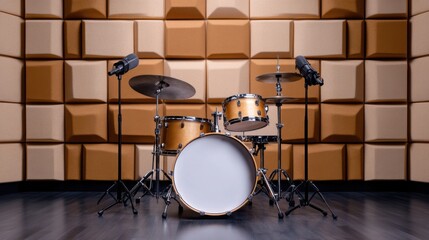 Obraz premium a drum kit set up in a professional recording studio, surrounded by microphones 