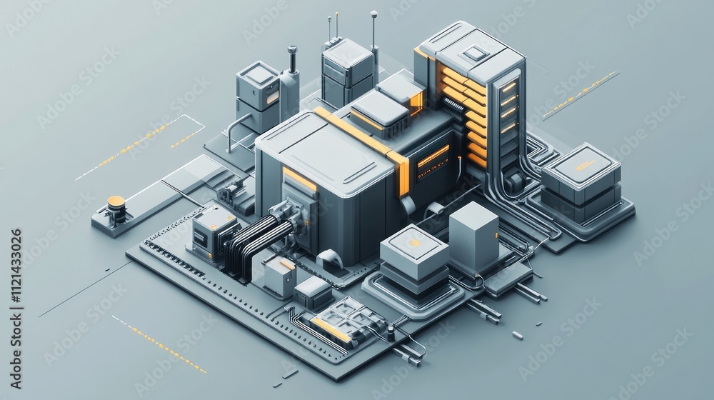 Poster isometric illustration of a futuristic data center or server farm with interconnected modules and gl