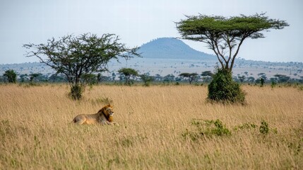 Naklejka premium Majestic Lion Resting in African Savannah Under Endless Blue Sky